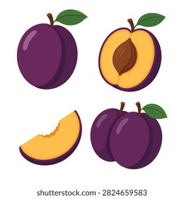 A flat vector collection of dark purple plums showing a single whole plum, a pair of plums, a half-cut plum with stone pit, and a wedge slice. Richly colored graphic element ideal for jam packaging, fruit juice branding, food icons, and dessert menus.
