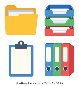 Flat vector collection featuring folders, binders and clipboard for document organization, office administration, filing systems and business management.