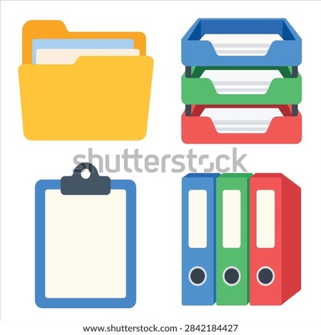 Flat vector collection featuring folders, binders and clipboard for document organization, office administration, filing systems and business management.