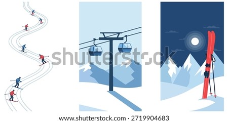 A flat vector collection featuring people skiing on a snowy slope, a mountain gondola lift, and ski equipment against a snowy peak background. This seasonal set captures the essence of winter sports, alpine vacations, and outdoor holiday activities.