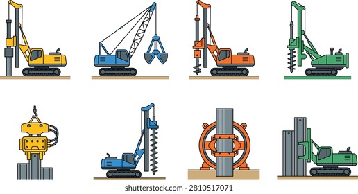 A flat vector collection featuring pile driving machines, foundation drilling rigs, crawler cranes, auger drills, vibratory hammers, and heavy construction equipment. Ideal for civil engineering, infrastructure development, geotechnical projects, construction manuals, and industrial presentations.