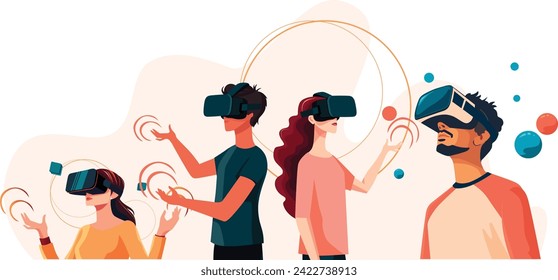 Flat vector collection featuring young people wearing virtual reality glasses. Entertainment meta universe. Interaction and exploration of virtual world