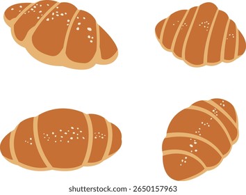 Flat Vector Collection of Four Rustic Salt Bread Rolls with Sesame for Bakery Menu Recipe and Culinary Decoration