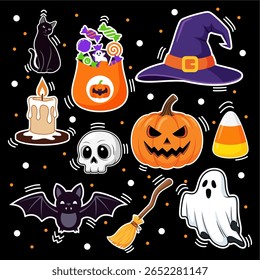 Flat vector collection of Halloween-themed illustrations including pumpkins, ghosts, bats, candy, and witch hats. Fun, spooky, and playful sticker-style graphics on clean background.