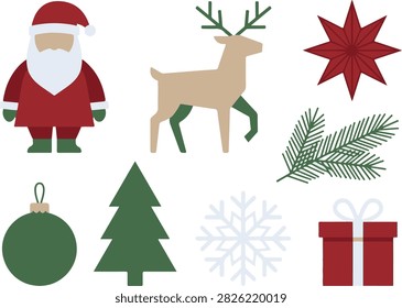 Flat vector collection of holiday objects including santa claus figure and tan reindeer. Includes green christmas tree, snowflake, red star, pine needle branch, and round ornament. Modern festive graphic resources.