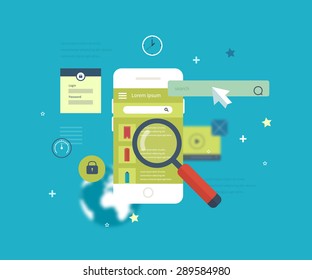 Flat vector collection of modern mobile phones with different user interface elements. Mobile app to search for real estate.