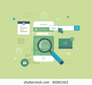 Flat vector collection of modern mobile phones with different user interface elements. Mobile application to search for real estate.