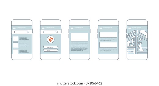 Flat vector collection of modern mobile phones with different user interface elements. Steps for creating mobile applications: prototype and design