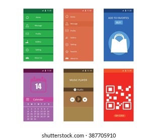 Flat vector collection of modern mobile phones with different user interface elements.