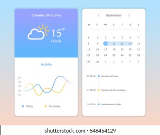 Flat vector collection of modern mobile phones with different user interface elements. UI Elements, Weather Application User Interface Concept, Graph interface, Calendar