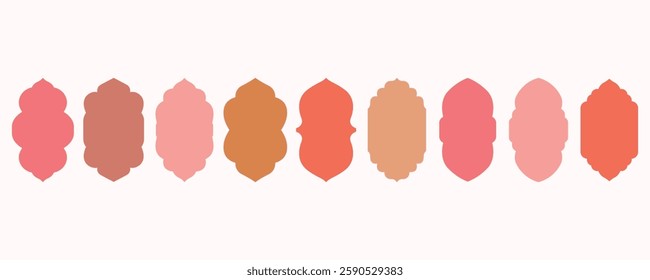 Flat vector collection of mosque gates, doors, lanterns, and windows in boho color. Oriental-style Islamic arches, labels, and frame templates. Inspired by simple Muslim frame shapes.
