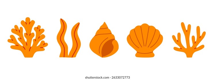 Flat vector collection of orange corals, seashells, and sea plants. Marine tropical elements for ocean-themed design, summer graphics, or underwater illustrations.