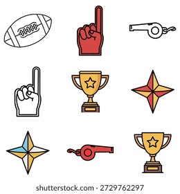 A flat vector collection of sports equipment and competition icons including a football, gold trophies, and whistles. This set features clean outlines and a retro color palette perfect for athletic branding and tournament designs.