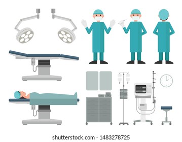 flat vector collection of surgical room items and doctors. 