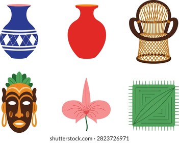 Flat Vector Collection of Tribal Mask Vases Wicker Chair and Decor