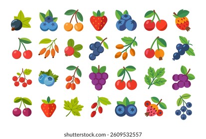 Flat vector collection of various colorful berries and fruits including cherries, strawberries, blueberries, grapes, rose hips, and leaves in cartoon style on white background