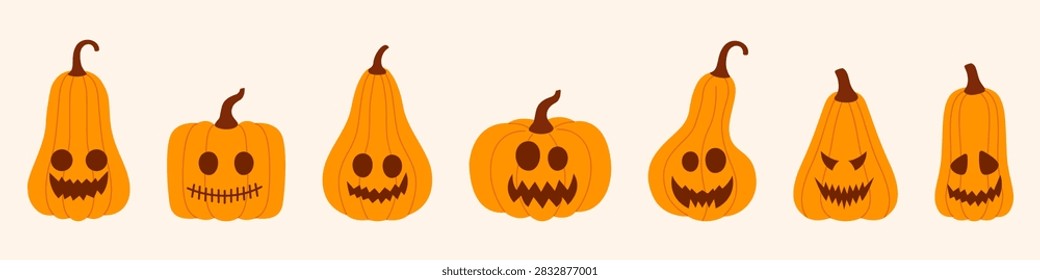 Flat vector collection of various orange pumpkins with carved spooky faces on a clean background.