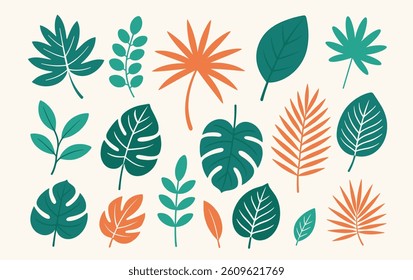 Flat vector collection of various tropical and botanical leaves in green and orange colors on a light background