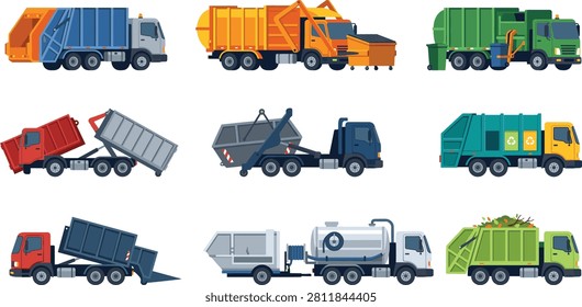 A flat vector collection of waste management and sanitation trucks including garbage collectors, recycling vehicles, dump trucks, skip loaders, and vacuum service trucks. Ideal for municipal services, environmental projects, transportation, logistics, construction, and urban infrastructure designs.