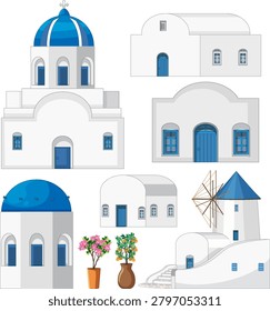 Flat vector collection of white buildings with blue domes, windmill, and potted plants on white.