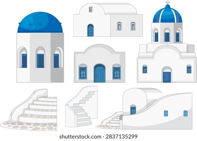 Flat vector collection of white Mediterranean buildings with blue domes, doors, and stone staircases.