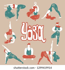 Flat vector collection of yoga asanas. Men and women engage in yoga. Healthy lifestyle.