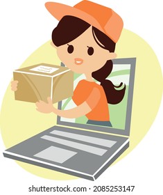 Flat vector color illustration, courier delivery online