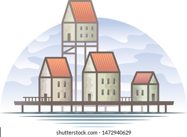 Flat vector color illustration of a northern stilt house in the water of a sea river. Stilts, house, building, sea, wooden, home, illustration, vector, travel, architecture, water, landscape