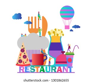 Flat vector color illustration restaurant items web design with cartoon people