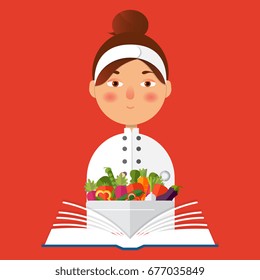 Flat vector color illustration. Restaurant menu design. Chef holding recipe cookbook. 