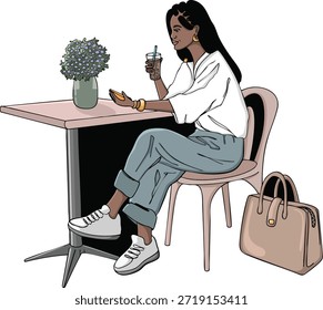 Ilustración en color de Vector plano de una mujer con estilo sentada en un café, sosteniendo una bebida y un teléfono inteligente. Escena de estilo de vida moderno con pausa para el café, vida urbana, redes sociales y rutina diaria.