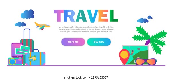 Flat vector color illustration travel items web design horizontal banner