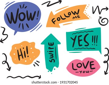 flat vector colored bubbles set with words. Wow, follow me, yes, hi, swipe, love you.