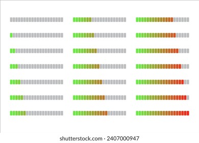 flat vector colored loading progress bars isolated on white collection, each bar separated in 20 lines every 5% - showing progress in energy, charging battery, loading and power saving - editable eps