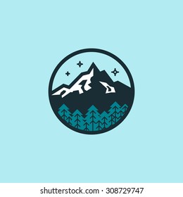 Flat Vector Colored Logo Of Lone Mountain. Circle Badge. Vintage Logo Design Template. Mountain Badge. Travel Badge. Nature Badge. Vintage Mountain Emblem. Mountain Logo. Vintage Nature Emblem.