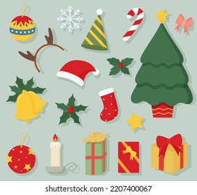 Flat vector colorful cartoon items related to Christmas and New Year theme. Toys, gifts, and tree. Elements for greeting cards. Silhouettes isolated on background.