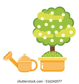 Flat vector colorful fruit tree blossom in the pot and watering can. Isolated garden objects 