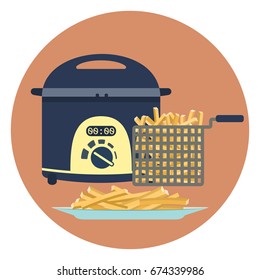 Flat vector colorful fryer with plate of hot tasty french fries symbol. Fastfood cooking symbol. Kitchen equipment 