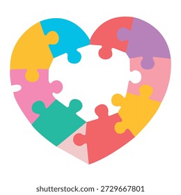 Un Vector plano y colorido corazón hecho de piezas de rompecabezas entrelazadas que simbolizan la unidad, la diversidad, la inclusión y la Asistencia emocional.
