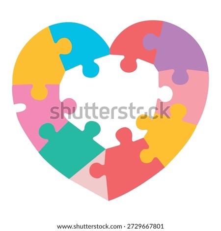 A flat vector colorful heart made of interlocking puzzle pieces symbolizing unity, diversity, inclusion, and emotional support.