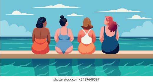 Ilustración de colores de vector plano con chicas de talla grande junto a la piscina para diseños de verano.