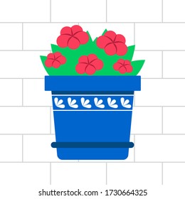 Flat vector colorful plant in the blue pot on light brick wall background. Floral gardening decorative element for design, game, concepts. Simple icon in greece style