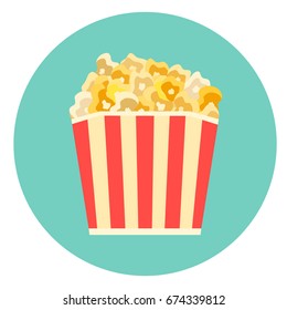 Flat vector colorful striped box of tasty caramelized or cheese popcorn icon. Movie cinema corn symbol.