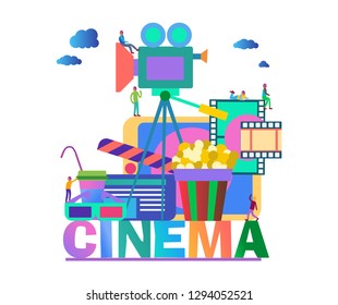 Flat vector colour illustration cinema and movies items web design banner