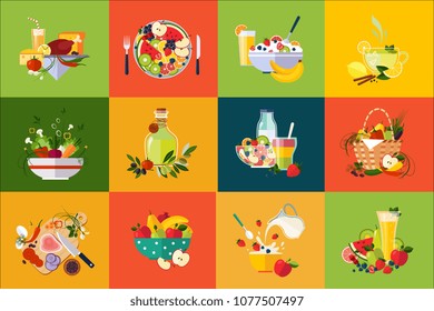 Flat vector compositions with food and drinks. Healthy eating. Delicious breakfast. Fresh vegetables and fruits