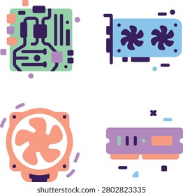 Flat Vector Computer Hardware Icons Motherboard GPU Fan and RAM Set