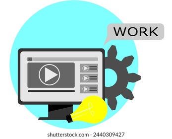 flat vector. Computer service icon with gears, website banner. Vector illustration with monitor, gear and light icons