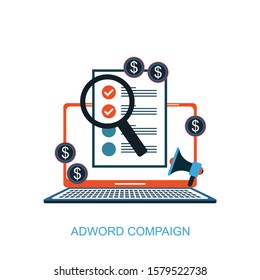 Flat vector concept for Ad-word campaign, Search marketing, PPC advertising banner with icons and texts