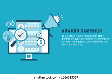 Flaches Vektorillustration-Konzept für Adword-Kampagne, Suchmarketing, PPC-Werbebanner mit Symbolen und Texten