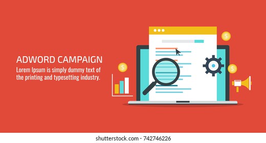 Flat vector concept for Adword campaign, Search marketing, PPC advertising banner with icons and texts